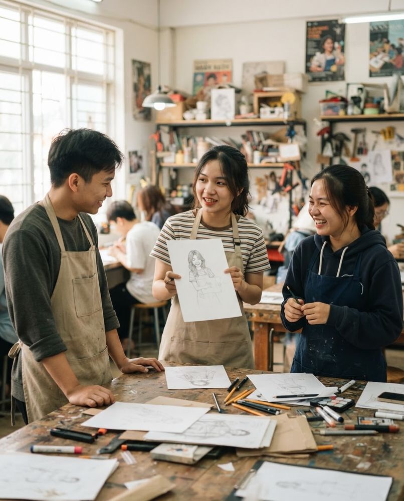 Học viên Việt Nam trình bày bản phác thảo trong giờ thực hành