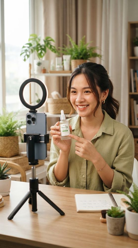 Nữ học viên Việt Nam quay video sản phẩm bằng điện thoại và đèn chiếu sáng